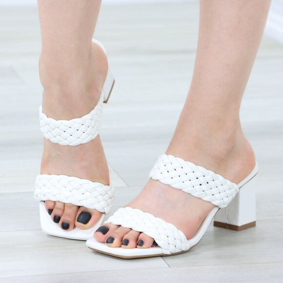 White Block Low Heeled Mule Open Squared Toe Slip On Sandals Braided Straps - Picture 14 of 14